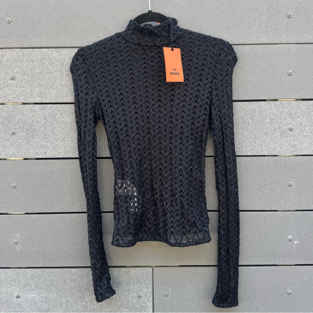 MISSONI 
Metallic Crochet-Knit Turtleneck Top